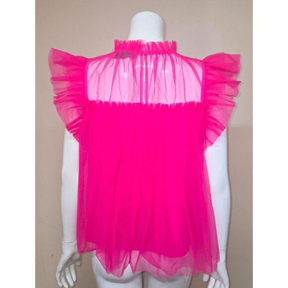 Anthropologie Sunday in Brooklyn Hot Pink Frilled Tulle Ruffle Blouse Size M NEW - Picture 6 of 10